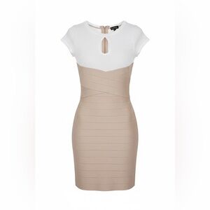 Bebe Bandage Bodycon Dress Rose Dust Cream Colorblock Keyhole XS